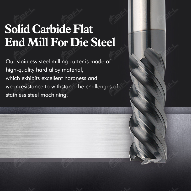 Tungsten carbide end mill specifically engineered for cutting mold steel.